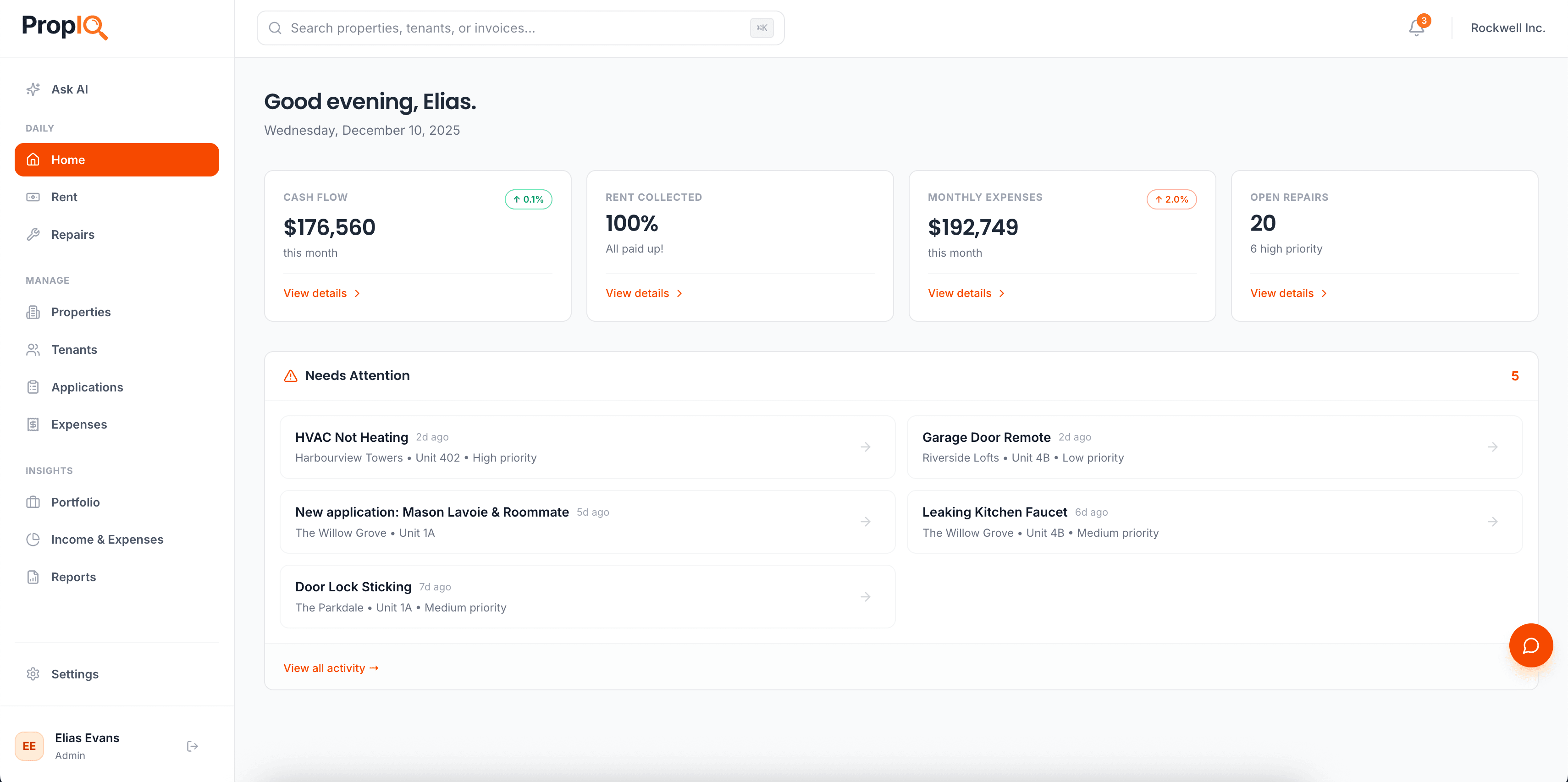 PropIQ Dashboard overview with key metrics